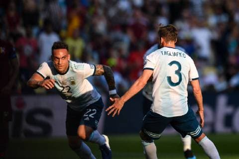 (190629) -- RIO DE JANEIRO, June 29, 2019 -- Argentina s Lautaro Martinez (L) celebrates after scoring a goal during the Copa America 2019 quarterfinal match between Argentina and Venezuela, in Rio de Janeiro, Brazil, June 28, 2019. Argentina won 2-0. ) (SP)BRAZIL-RIO DE JANEIRO-FOOTBALL-COPA AMERICA 2019-ARG VS VEN XinxYuewei 