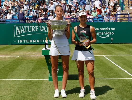 Sport Themen der Woche KW26 Sport Bilder des Tages 29th June 2019, Devonshire Park, Eastbourne, England; Nature Valley International Tennis Tournament; Karolina Pliskova (CZE) with her winners trophy after winning the womens singles final with runner up Angelique Kerber (GER)  ActionPlus12148923 HongboxChen