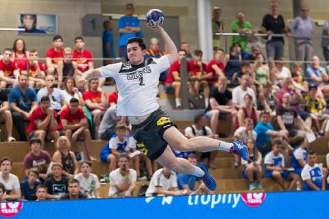 Kloten, Deutschland 29. Juni 2019: Handball, DHB U21, U 21 Laenderspiel - Airport Trophy - Deutschland vs. Frankreich Moritz Strosack (Deutschland HBW Balingen) Kloten Sporthalle Ruebisbach Schweiz