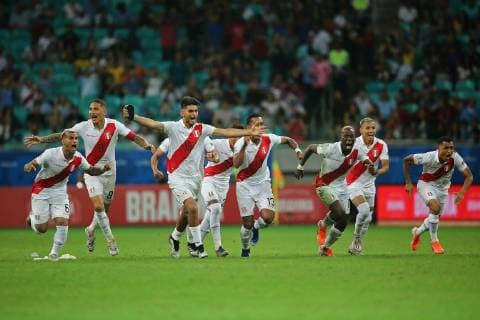 29th June, 2019, Arena Fonte Nova Stadium, Salvador, Brazil; Copa America International football tournament, Peru versus Uruguay; Players of Peru celebrate victory after the match completed on penalty shoot out  ActionPlus12149261 HeulerxAndrey