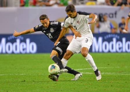 June 29, 2019: Mexico midfielder, Andres Guardardo (18), and Costa Rica midfielder, Celso Borges (5), fight for ball control during the 2019 CONCACAF Gold Cup, quarter final match between Mexico and Costa Rica, at NRG Stadium in Houston, TX. Mandatory Credit: Sports South Media CSM 2019 CONCACAF Gold Cup: Mexico vs Costa Rica Jun 29 - ZUMAc04_ 20190629_zaf_c04_192 Copyright: xKevinxLangleyx