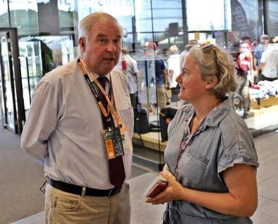 FORMULA 1 - GP of Austria 2019 SPIELBERG,AUSTRIA,30.JUN.19 - MOTORSPORTS, FORMULA 1 - Grand Prix of Austria, Red Bull Ring. Image shows governor Hermann Schuetzenhoefer (Styria) and Nina Mueller (Kleine Zeitung). Keywords: interview. GEPAxpictures xM.xOberlaender