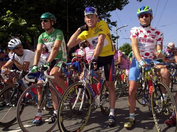 TDF01- -LAUSANNE, SWISS: (Tour de France 2000,cycling) : (L-R) Francisco Mancebo, Eric Zabel, Lance Armstrong and Santiago Botero prior to the start in Lausanne. Photo Belga-Reporters Michel GOUVERNEUR MICHELxGOUVERNEUR  x495142x MICHELxGOUVERNEUR  x84833733stx
