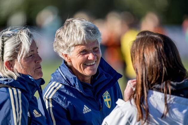 190702 Sveriges förbundskapten Pia Sundhage under F16-landskampen i fotboll mellan Sverige och Nederländerna den 2 juli 2019 i Svanesund. Copyright: SebastianxLamotte BB190702SL075