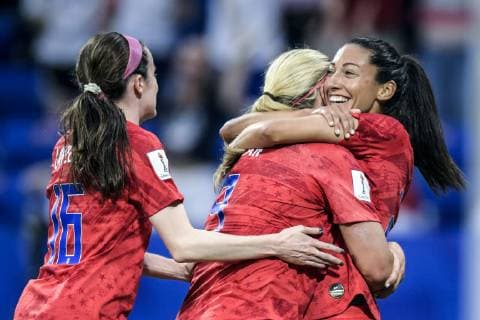 (L-R) Rose Lavelle of USA women, Lindsey Horan of USA women, Christen Press of USA women during the FIFA Women s World Cup France 2019 semi final match between England and United States of America at Stade de Lyon on July 02, 2019 in Lyon, France FIFA Women s World Cup France 2019 2018 2019 xVIxVIxImagesx xGerritxvanxKeulenxIVx 14891413