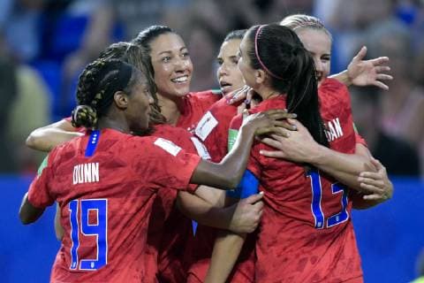 (L-R) Crystal Dunn of USA women, Christen Press of USA women, Rose Lavelle of USA women, Alex Morgan of USA women, Tobin Heath of USA women during the FIFA Women s World Cup France 2019 semi final match between England and United States of America at Stade de Lyon on July 02, 2019 in Lyon, France FIFA Women s World Cup France 2019 2018 2019 xVIxVIxImagesx xGerritxvanxKeulenxIVx 14891843