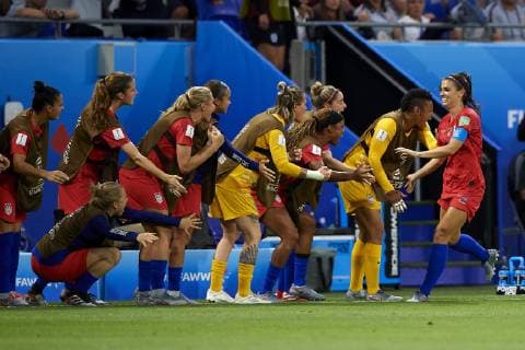 July 2, 2019 - Lyon, France - Alex Morgan (Orlando Pride) of United States celebrates after scoring her sides first goal during the 2019 FIFA Women s World Cup France Semi Final match between England and USA at Stade de Lyon on July 2, 2019 in Lyon, France. England v USA: Semi Final - 2019 FIFA Women s World Cup France  - ZUMAn230 20190702_zaa_n230_401 Copyright: xJosexBretonx