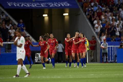 July 2, 2019 - Lyon, France - Alex Morgan (Orlando Pride) of United States celebrates after scoring her sides first goal during the 2019 FIFA Women s World Cup France Semi Final match between England and USA at Stade de Lyon on July 2, 2019 in Lyon, France. England v USA: Semi Final - 2019 FIFA Women s World Cup France  - ZUMAn230 20190702_zaa_n230_398 Copyright: xJosexBretonx