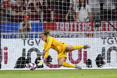 July 2, 2019 - Lyon, France - Alyssa Naeher (Chicago Red Stars) of United States makes a save a penalty during the 2019 FIFA Women s World Cup France Semi Final match between England and USA at Stade de Lyon on July 2, 2019 in Lyon, France. England v USA: Semi Final - 2019 FIFA Women s World Cup France  - ZUMAn230 20190702_zaa_n230_447 Copyright: xJosexBretonx
