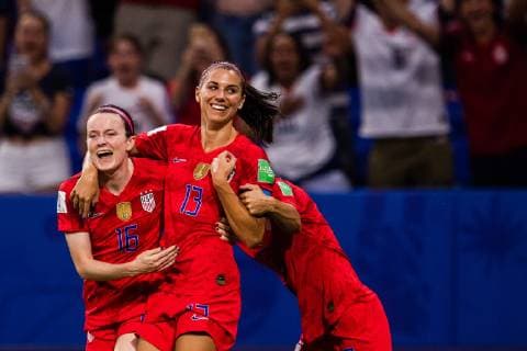 190702 Rose Lavelle and Alex Morgan of USA celebrate the 1-2 goal during the FIFA Women s World Cup semi-final match between England and USA on July 2, 2019 in Lyon. Photo: Simon Hastegard Bildbyran Kod SH 180099 bbeng fotboll football fotball soccer dam women kvinner frankrike france vm vm 2019 verdensmesterskap världsmästerskap fifa women s world cup 2019 world cup semifinal semi final knockout stage england usa Copyright: SIMONxHASTEGARD BB190702SH081
