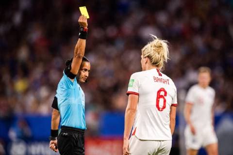 190702 Millie Bright of England receives a yellow card during the FIFA Women s World Cup semi-final match between England and USA on July 2, 2019 in Lyon. Photo: Simon Hastegard Bildbyran Kod SH 180099 bbeng fotboll football fotball soccer dam women kvinner frankrike france vm vm 2019 verdensmesterskap världsmästerskap fifa women s world cup 2019 world cup semifinal semi final knockout stage england usa Copyright: SIMONxHASTEGARD BB190702SH086