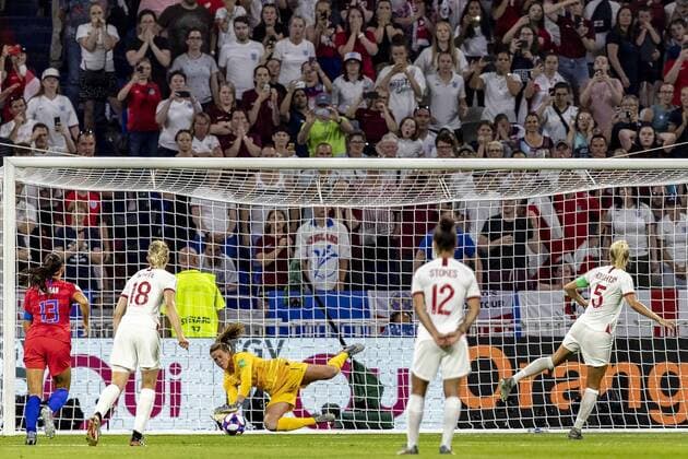 England v USA LYON, LY - 02.07.2019: ENGLAND V USA - Alyssa Naeher from the United States defend Steph Houghton (c) England penalty and the game is (1-2) during a match between England and the United States. World Cup Qualification Football. FIFA. Held at the Lyon Stadium in Lyon, France (Photo: Richard Callis Fotoarena) x1757355x  RichardxCallis