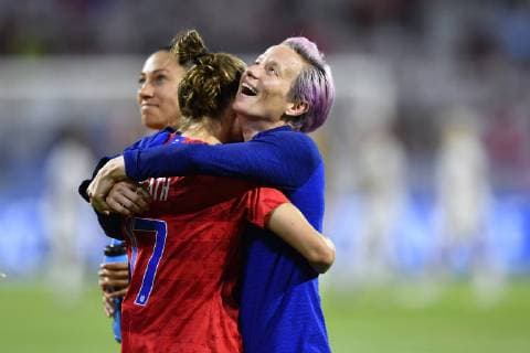 July 2, 2019 - Lyon, France - Tobin Heath (Portland Thorns FC) and Megan Rapinoe (Reign FC) of United States celebrate victory after the 2019 FIFA Women s World Cup France Semi Final match between England and USA at Stade de Lyon on July 2, 2019 in Lyon, France. England v USA: Semi Final - 2019 FIFA Women s World Cup France  - ZUMAn230 20190702_zaa_n230_495 Copyright: xJosexBretonx