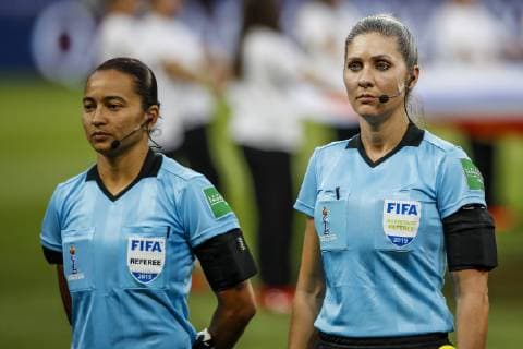 England v USA LYON, LY - 02.07.2019: ENGLAND V USA - Arbitrator Edina Alves Batista and one of her assistants, Neuza Back the two Brazilians before a game between England and the United States. World Cup Qualification Football. FIFA. Held at the Lyon Stadium in Lyon, France (Photo: Richard Callis Fotoarena) x1757438x  RichardxCallis
