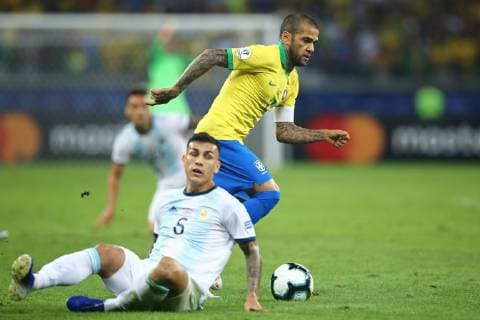 July 2nd 2019, Mineirao, Belo Horizonte, Brazil; Copa America International football, semi final, Brazil versus Argentina; Daniel Alves of Brazil turns Paredes of Argentina  ActionPlus12150057 HeulerxAndrey
