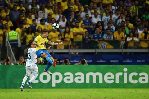 July 2nd 2019, Mineirao, Belo Horizonte, Brazil; Copa America International football, semi final, Brazil versus Argentina; Gabriel Jesus of Brazil wins the header from Nicol& xe1;s Tagliafico of Argentina  ActionPlus12150071 HeulerxAndrey