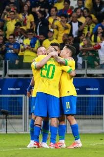 Brazil vs. Argentina BELO HORIZONTE, MG - 02.07.2019: BRAZIL VS. ARGENTINA - Brazil players celebrate qualifying for the final during a match between Brazil and Argentina, valid for the semifinal of Copa America 2019, held on Tuesday (02) at the Estádio do Mineirão in Belo Horizonte, MG. (Photo: Dudu Macedo Fotoarena) x1757602x  DuduxMacedo