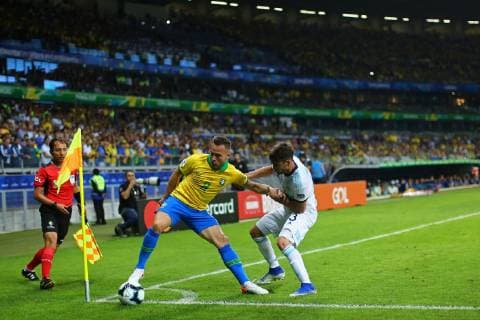 July 2nd 2019, Mineirao, Belo Horizonte, Brazil; Copa America International football, semi final, Brazil versus Argentina; Arthur of Brazil holds off Nicol& xe1;s Tagliafico of Argentina in the corner  ActionPlus12150107 HeulerxAndrey