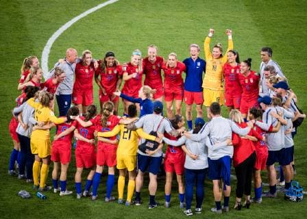 (190703) -- LYON, July 3, 2019 -- Players of the United States celebrates after the semifinal between the United States and England at the 2019 FIFA Women s World Cup at Stade de Lyon in Lyon, France on July 2, 2019. ) (SP)FRANCE-LYON-FOOTBALL-FIFA WOMEN S WORLD CUP-SEMIFINALS-ENG VS USA XiaoxYijiu 