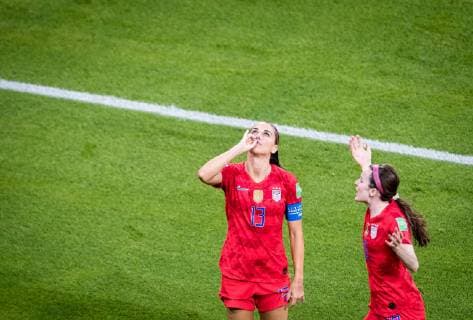 (190703) -- LYON, July 3, 2019 -- Alex Morgan (L) of the United States celebrates a goal during the semifinal between the United States and England at the 2019 FIFA Women s World Cup at Stade de Lyon in Lyon, France on July 2, 2019. ) (SP)FRANCE-LYON-FOOTBALL-FIFA WOMEN S WORLD CUP-SEMIFINALS-ENG VS USA XiaoxYijiu 