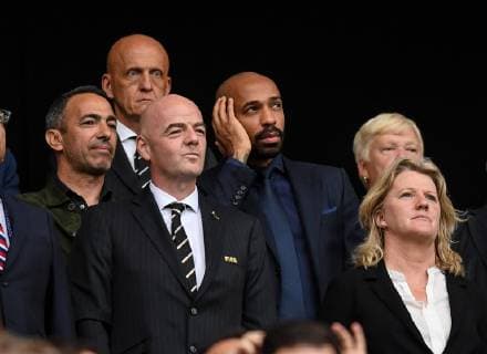 (190703) -- LYON, July 3, 2019 -- French former football player Thierry Henry (C) and Youri Djorkaeff (1st L), FIFA president Gianni Infantino (2nd L, front) and Italian football referee Pierluigi Collina (rear) are seen during the semifinal between the United States and England at the 2019 FIFA Women s World Cup at Stade de Lyon in Lyon, France on July 2, 2019. ) (SP)FRANCE-LYON-FOOTBALL-FIFA WOMEN S WORLD CUP-SEMIFINALS-ENG VS USA MaoxSiqian 