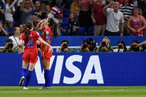 (190703) -- LYON, July 3, 2019 -- Alex Morgan (R, front) of the United States celebrates scoring a goal with her teammate Rose Lavelle during the semifinal between the United States and England at the 2019 FIFA Women s World Cup at Stade de Lyon in Lyon, France on July 2, 2019. ) (SP)FRANCE-LYON-FOOTBALL-FIFA WOMEN S WORLD CUP-SEMIFINALS-ENG VS USA MaoxSiqian 