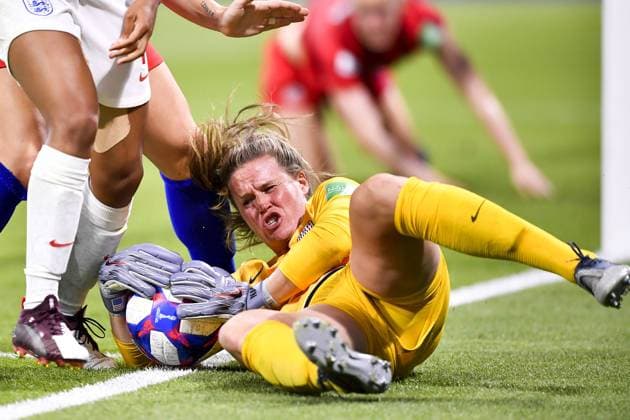 (190703) -- LYON, July 3, 2019 -- Goalkeeper Alyssa Naeher (R) of the United States saves during the semifinal between the United States and England at the 2019 FIFA Women s World Cup at Stade de Lyon in Lyon, France on July 2, 2019. ) (SP)FRANCE-LYON-FOOTBALL-FIFA WOMEN S WORLD CUP-SEMIFINALS-ENG VS USA ChenxYichen 