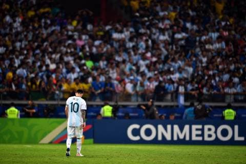 (190703) -- BELO HORIZONTE, July 3, 2019 -- Argentina s Lionel Messi reacts during the Copa America 2019 semifinal match between Argentina and Brazil, held in Belo Horizonte, Brazil, July 2, 2019. ) (SP)BRAZIL-BELO HORIZONTE-FOOTBALL-COPA AMERICA 2019-ARGENTINA VS BRAZIL XinxYuewei 