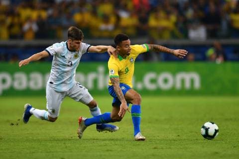 (190703) -- BELO HORIZONTE, July 3, 2019 -- Argentina s Nicolas Tagliafico (L) competes with Gabriel Jesus of Brazil during the Copa America 2019 semifinal match between Argentina and Brazil, held in Belo Horizonte, Brazil, July 2, 2019. ) (SP)BRAZIL-BELO HORIZONTE-FOOTBALL-COPA AMERICA 2019-ARGENTINA VS BRAZIL XinxYuewei 