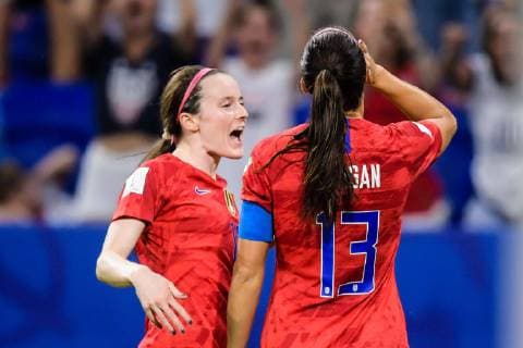 (L-R) Rose Lavelle of USA women, Alex Morgan of USA women during the FIFA Women s World Cup France 2019 semi final match between England and United States of America at Stade de Lyon on July 02, 2019 in Lyon, France FIFA Women s World Cup France 2019 2018 2019 xVIxVIxImagesx xGerritxvanxKeulenxIVx 14898156