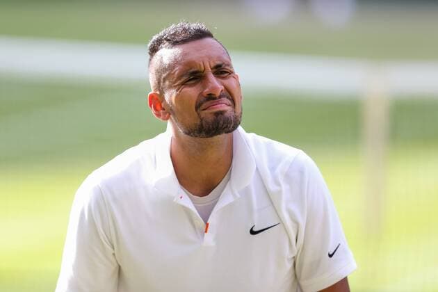 Nick Kyrgios of Australia reacts during the men s singles second round match of the Wimbledon Lawn Tennis Championships against Rafael Nadal of Spain at the All England Lawn Tennis and Croquet Club in London, England on July 4, 2019.  (107346610)
