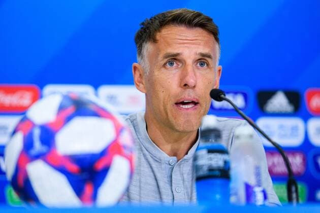 190705 Phil Neville, Head coach of England during a press conference, PK, Pressekonferenz on July 5, 2019 in Nice. Photo: Petter Arvidson Bildbyran Kod PA 92314 bbeng fotboll football fotball soccer dam women kvinner frankrike france vm vm 2019 verdensmesterskap världsmästerskap fifa women s world cup 2019 world cup England Press conference presskonferens Copyright: PETTERxARVIDSON BB190705PA008