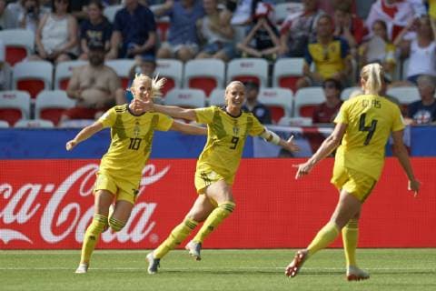July 6, 2019 - Nice, France - Kosovare Asllani (Linkopings FC) of Sweden celebrates after scoring her sides first goal during the 2019 FIFA Women s World Cup France 3rd Place Match match between England and Sweden at Stade de Nice on July 6, 2019 in Nice, France. England v Sweden: 3rd Place Match - 2019 FIFA Women s World Cup France  - ZUMAn230 20190706_zaa_n230_087 Copyright: xJosexBretonx