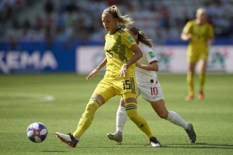 July 6, 2019 - Nice, France - Nathalie Bjorn (FC Rosengard) of Sweden and Fran Kirby (Chelsea FCW) of England competes for the ball during the 2019 FIFA Women s World Cup France 3rd Place Match match between England and Sweden at Stade de Nice on July 6, 2019 in Nice, France. England v Sweden: 3rd Place Match - 2019 FIFA Women s World Cup France  - ZUMAn230 20190706_zaa_n230_092 Copyright: xJosexBretonx
