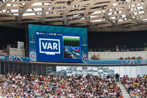 190706 A screen shows VAR after 2-2 during the FIFA Women s World Cup bronze medal game between England and Sweden on July 6, 2019 in Nice. Photo: Petter Arvidson Bildbyran Kod PA 180104 bbeng fotboll football fotball soccer dam women kvinner frankrike france vm vm 2019 verdensmesterskap världsmästerskap fifa women s world cup 2019 world cup Sweden sverige England bronsfinal bronze medal match bronsmatch third place playoff Copyright: PETTERxARVIDSON BB190706PA053