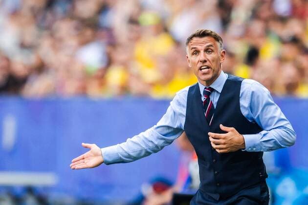 190706 Phil Neville, Head coach of England during the FIFA Women s World Cup bronze medal game between England and Sweden on July 6, 2019 in Nice. Photo: Simon Hastegard Bildbyran Kod SH 180104 bbeng fotboll football fotball soccer dam women kvinner frankrike france vm vm 2019 verdensmesterskap världsmästerskap fifa women s world cup 2019 world cup bronsmatch Third Place Play Off england sweden sverige Copyright: SIMONxHASTEGARD BB190706SH045