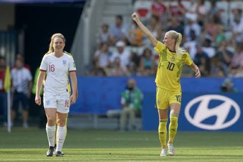 July 6, 2019 - Nice, France - Sofia Jakobsson (Montpellier HSC) of Sweden celebrates after scoring her sides first goal during the 2019 FIFA Women s World Cup France 3rd Place Match match between England and Sweden at Stade de Nice on July 6, 2019 in Nice, France. England v Sweden: 3rd Place Match - 2019 FIFA Women s World Cup France  - ZUMAn230 20190706_zaa_n230_173 Copyright: xJosexBretonx
