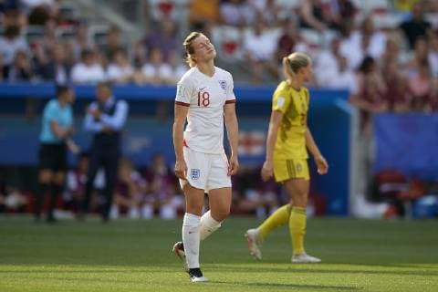 July 6, 2019 - Nice, France - Ellen White (Birmingham City WFC) of England desolate after canceling her goal during the 2019 FIFA Women s World Cup France 3rd Place Match match between England and Sweden at Stade de Nice on July 6, 2019 in Nice, France. England v Sweden: 3rd Place Match - 2019 FIFA Women s World Cup France  - ZUMAn230 20190706_zaa_n230_192 Copyright: xJosexBretonx