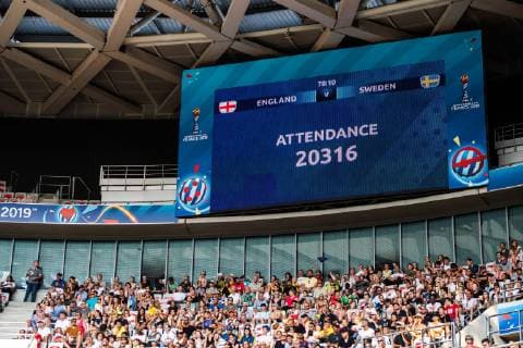 190706 The number of attendance during the FIFA Women s World Cup bronze medal game between England and Sweden on July 6, 2019 in Nice. Photo: Simon Hastegard Bildbyran Kod SH 180104 bbeng fotboll football fotball soccer dam women kvinner frankrike france vm vm 2019 publiksiffra verdensmesterskap världsmästerskap fifa women s world cup 2019 world cup bronsmatch Third Place Play Off england sweden sverige Copyright: SIMONxHASTEGARD BB190706SH058