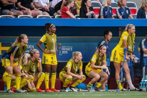 190706 Anna Anvegard, Madelen Janogy, Jonna Andersson, Kosovare Asllani and Fridolina Rolfö of Sweden during the FIFA Women s World Cup bronze medal game between England and Sweden on July 6, 2019 in Nice. Photo: Simon Hastegard Bildbyran Kod SH 180104 bbeng fotboll football fotball soccer dam women kvinner frankrike france vm vm 2019 verdensmesterskap världsmästerskap fifa women s world cup 2019 world cup bronsmatch Third Place Play Off england sweden sverige Copyright: SIMONxHASTEGARD BB190706SH064
