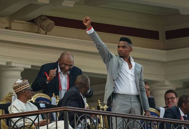 FRANCE OUT July 6, 2019: Samuel Eto o, former Cameroon player celebrating cameroon scoring to 2-1 during the 2019 African Cup of Nations match between Cameroon and Nigeria at the Alexanddria Stadium in Alexandria, Egypt. CSM. Cameroon v Nigeria - 2019 African Cup of Nations - ZUMAc04_ 20190706_zaf_c04_018 Copyright: xUlrikxPedersenx