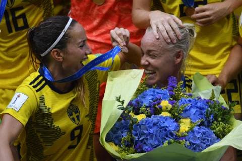 July 6, 2019 - Nice, France - Caroline Seger (FC Rosengard) and Kosovare Asllani (Linkopings FC) of Sweden celebrate victory after the 2019 FIFA Women s World Cup France 3rd Place Match match between England and Sweden at Stade de Nice on July 6, 2019 in Nice, France. England v Sweden: 3rd Place Match - 2019 FIFA Women s World Cup France  - ZUMAn230 20190706_zaa_n230_239 Copyright: xJosexBretonx