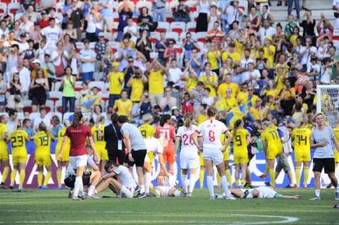 Fin de match - deception equip d Angleterre - joie equipe de Suede FOOTBALL: Coupe du monde feminine - Angleterre vs Suede - petite finale - Nice - 06 07 2019 NorbertScanella PanoramiC 