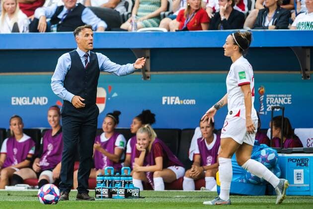 190706 Phil Neville, Head coach of England during the FIFA Women s World Cup bronze medal game between England and Sweden on July 6, 2019 in Nice. Photo: Petter Arvidson Bildbyran Kod PA 180104 bbeng fotboll football fotball soccer dam women kvinner frankrike france vm vm 2019 verdensmesterskap världsmästerskap fifa women s world cup 2019 world cup Sweden sverige England bronsfinal bronze medal match bronsmatch third place playoff Copyright: PETTERxARVIDSON BB190706PA168