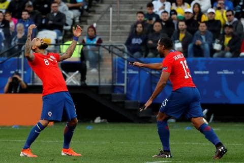 Chile s Alex Vidal (L) and Jean Beausejour react during the Copa America 2019 3rd place soccer match between Argentina and Chile, at Arena Corinthians Stadium in Sao Paulo, Brazil, 6 July 2019. Argentina vs. Chile !ACHTUNG: NUR REDAKTIONELLE NUTZUNG!  Copyright: xPauloxWhitakerx SCA2563 20190706-636980460914006308