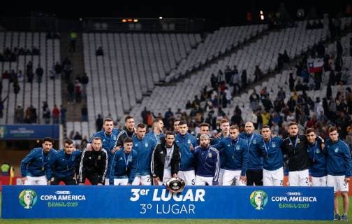 Argentina vs. Chile SÃO PAULO, SP - 06.07.2019: ARGENTINA VS. CHILE - Argentine players pose for official photo of 3rd place after Argentina Chile match, valid for the third place match of the Copa América 2019, held this Saturday (06) at the Corinthians Arena in São Paulo, SP. (Photo: Marcelo Machado de Melo Fotoarena) x1759167x  MarceloxMachadoxdexMelo