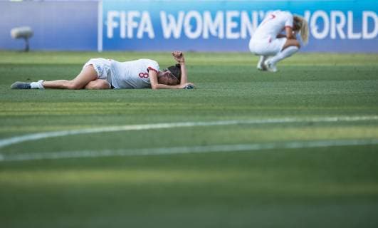 (190707) -- NICE, July 7, 2019 -- Jill Scott (L) of England reacts after the 3rd place match between England and Sweden at the 2019 FIFA Women s World Cup in Nice, France on July 6, 2019. ) (SP)FRANCE-NICE-2019 FIFA WOMEN S WORLD CUP-3RD PLACE MATCH-ENGLAND VS SWEDEN XiaoxYijiu 