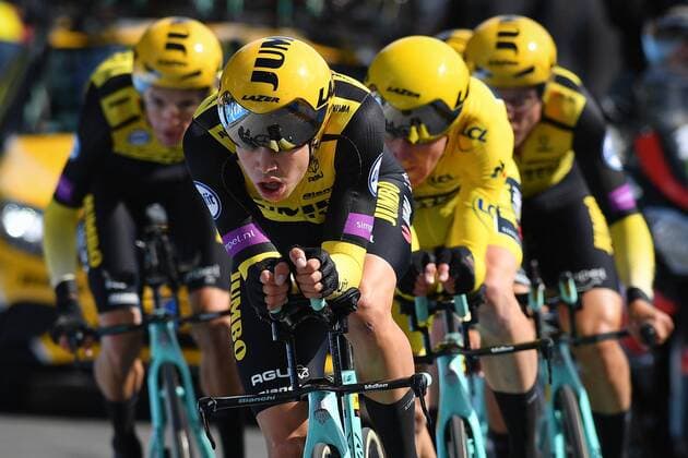 Sport Themen der Woche KW27 Sport Bilder des Tages Team Jumbo-Visma riders with Belgian Wout Van Aert of Team Jumbo-Visma pictured in action during the second stage of the 106th edition of the Tour de France cycling race, a 27,6km team time trial in Brussels, Belgium, Sunday 07 July 2019. This year s Tour de France starts in Brussels and takes place from July 6th to July 28th. DAVIDxSTOCKMAN  x05621340x