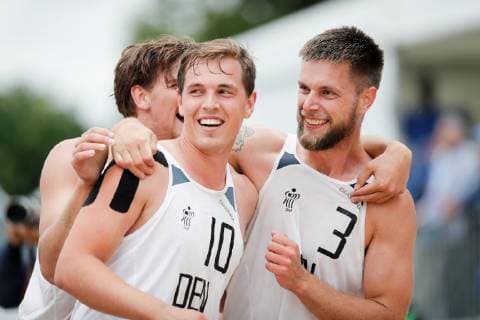 Beachhandball, EM in Polen Team Denmark during the Beach Handball EURO 2019 men s game - gold medal match Denmark - Norway, Stare Jablonki, Poland, 07.07.2019, Mandatory Credit © Uros Hocevar kolektiff. , Jablonki