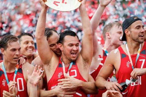Beachhandball, EM in Polen Team Denmark during the Beach Handball EURO 2019, ceremony, Stare Jablonki, Poland, 07.07.2019, Mandatory Credit © Uros Hocevar kolektiff. , Jablonki